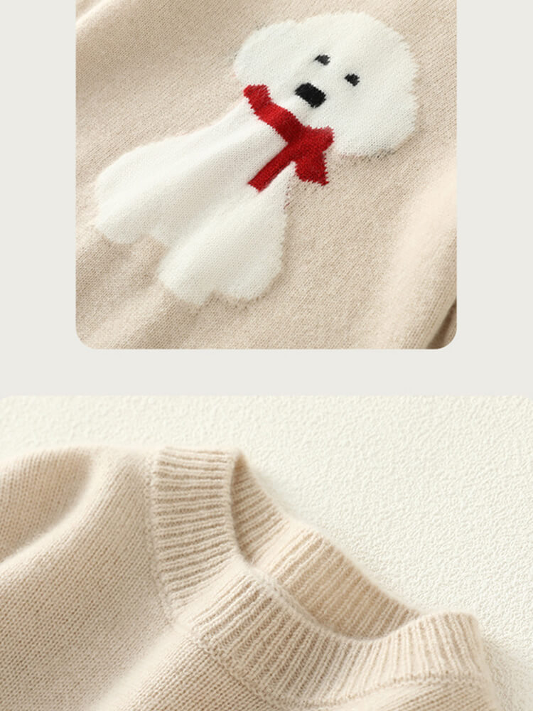 Kids Soft Puppy Intarsia Thick Cashmere Crew Neck Sweater